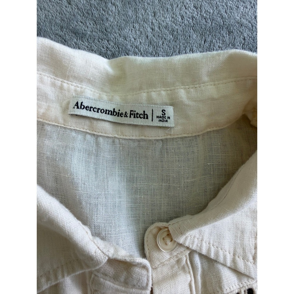 Abercrombie Linen Ivory Boxy Short-Sleeve Button-Down Lace Trim Coastal Summer S - Picture 3 of 8